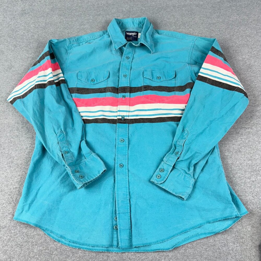 Vintage 90s Wrangler Brushpopper Shirt Teal Western Striped Snap XL 17.5 X-Long